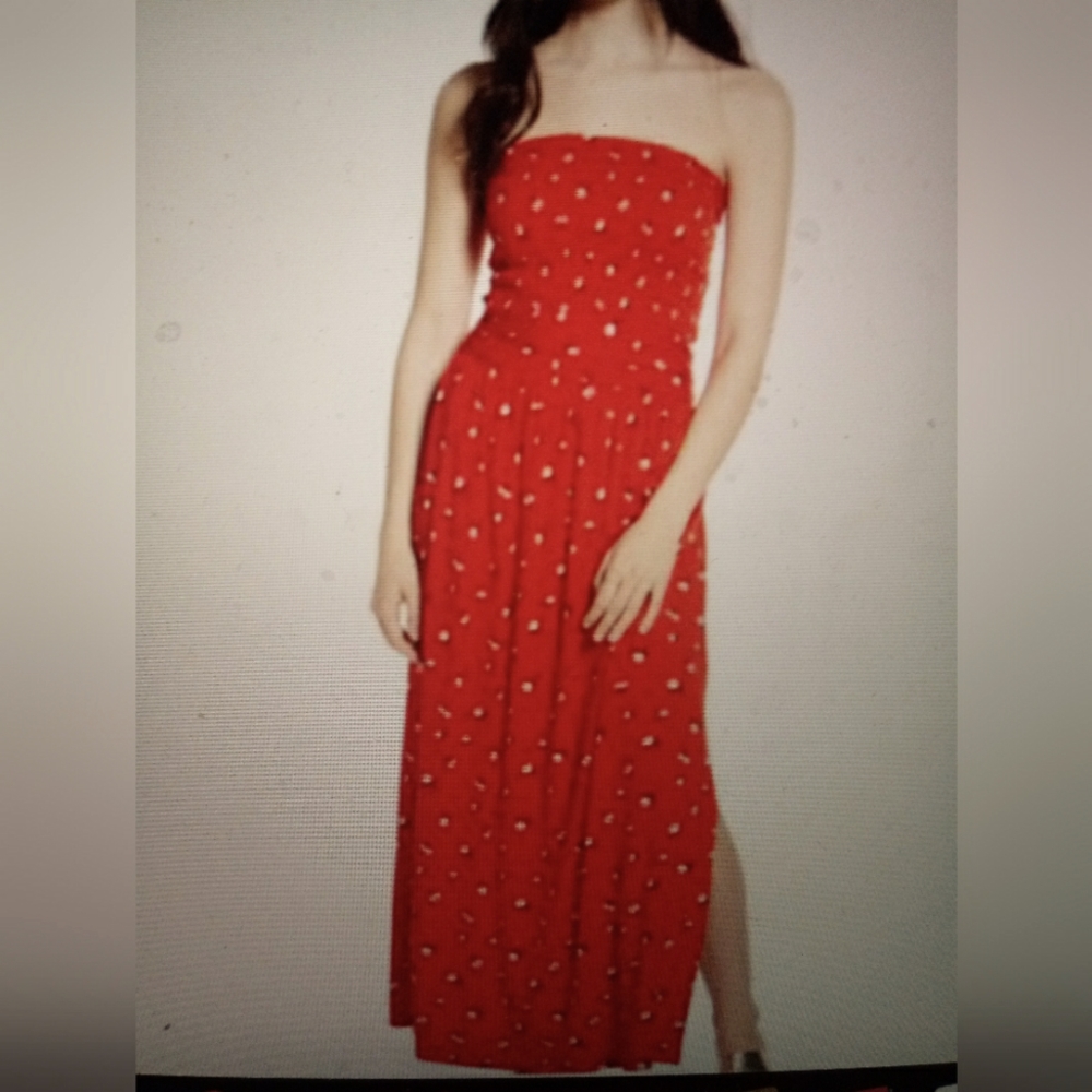 NWT NORDSTROM SMOCKED STRAPLESS LONG DRESS RED ROSE PATTERN